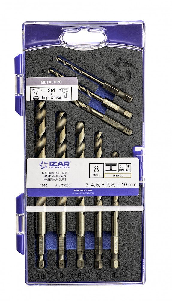 SET 3-4-5-6-7-8-9-10 mm - HSS 5% Co grąžtai metalui HEX 1/4 tvirtinimu
